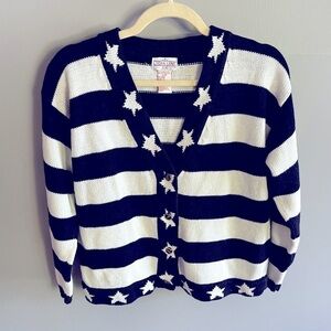 Vintage Sweater Navy White Stripes Stars nautical made in Hong Kong ramie cotton